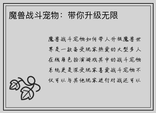 魔兽战斗宠物：带你升级无限