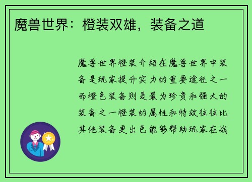 魔兽世界：橙装双雄，装备之道